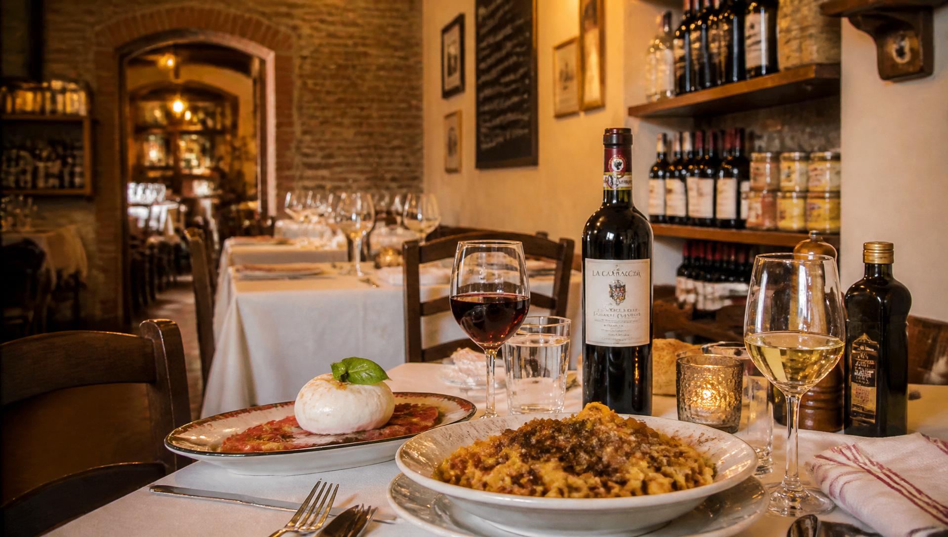 Interno rustico della Trattoria Casa Migliorini con tavoli apparecchiati e dettagli toscani
